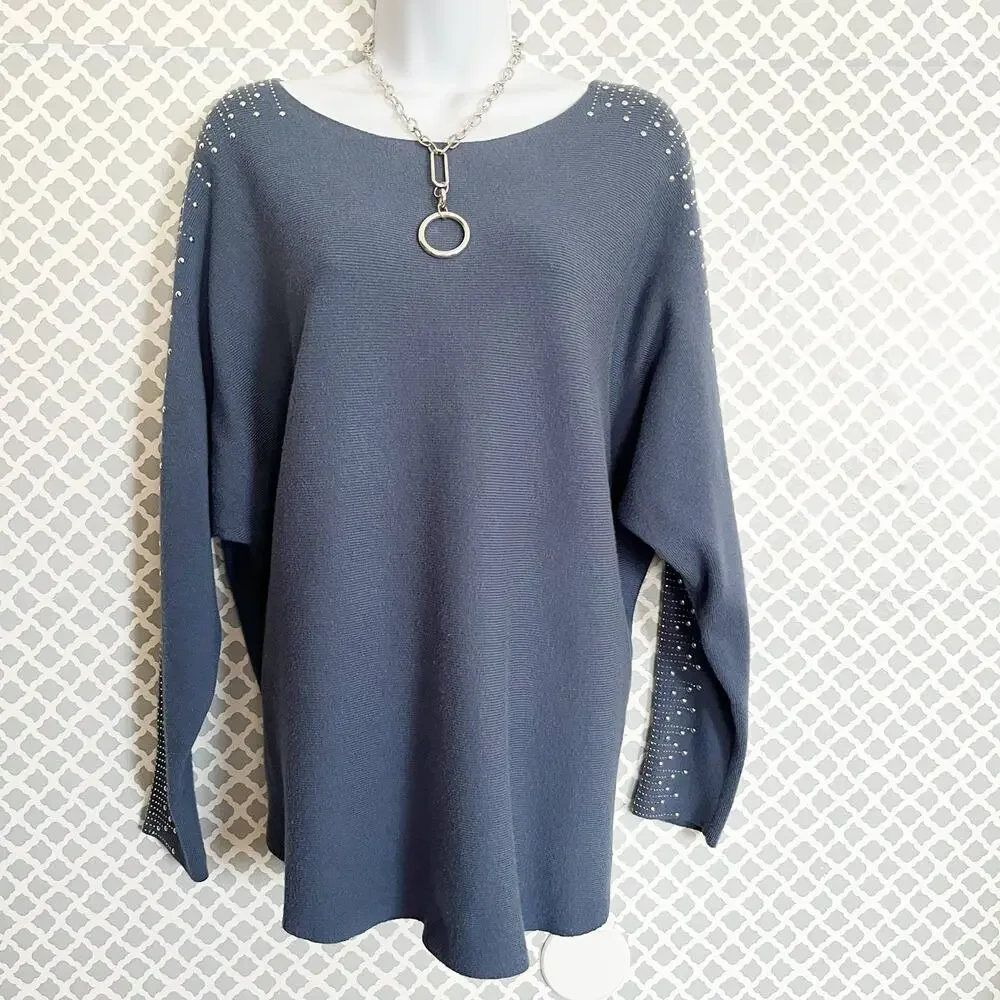 Milano Blue Dolman Sleeve Sweater with Sequins & Silver Studs, L